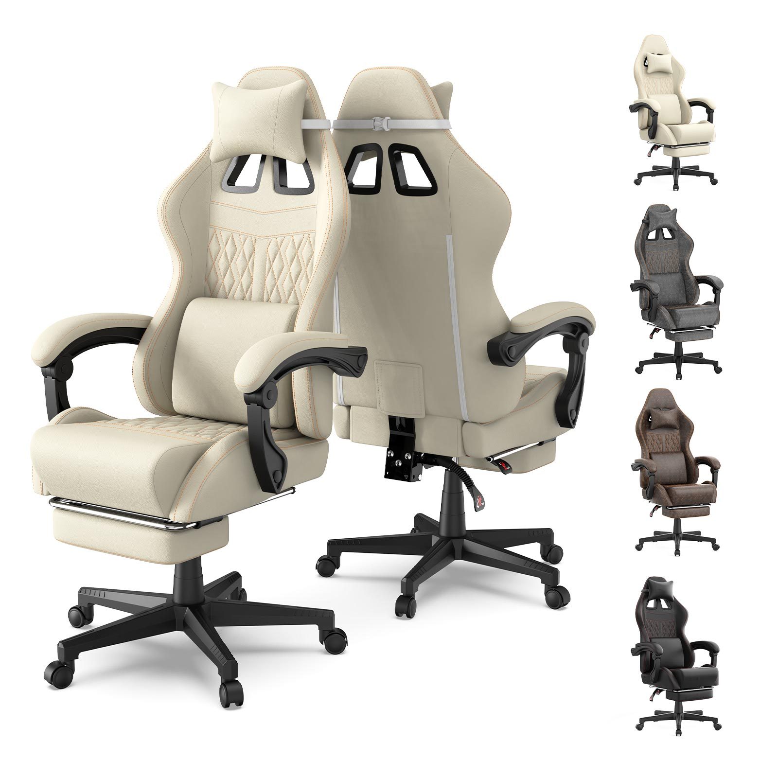 Ergonomic Gaming Chair With Footrest, Pu Leather Office Chair With 90-145° Adjustable Backrest, Height Adjustable Desk Chair With Lumbar And Head Pillow