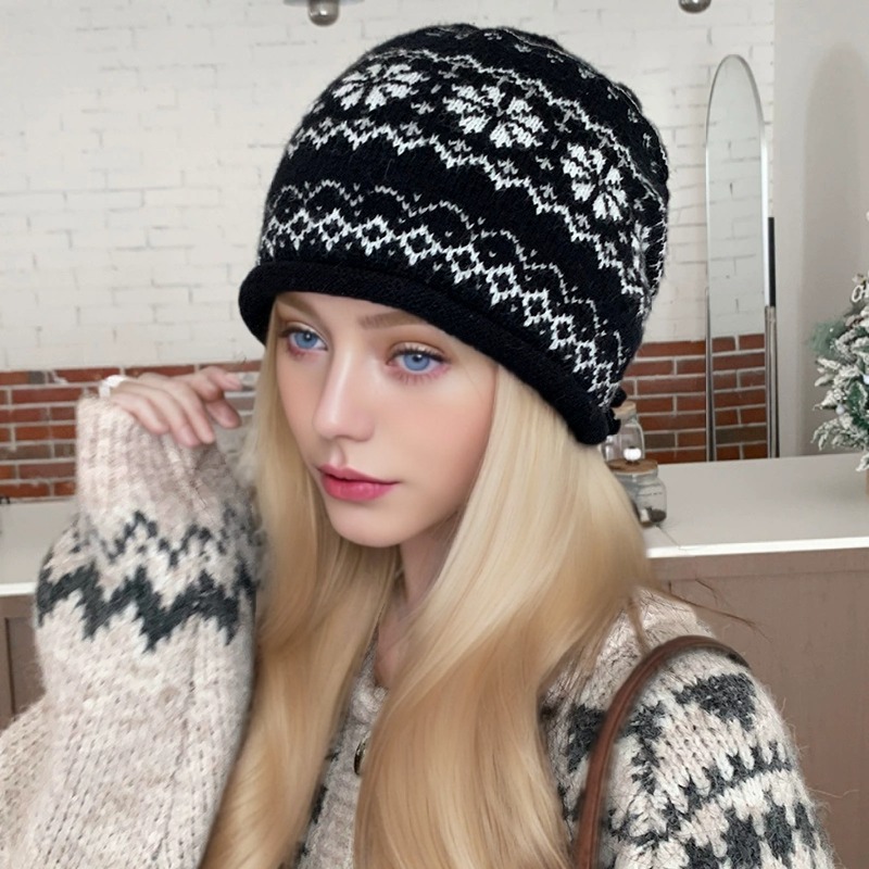 TEMU Island Pom-pom Hat Women's Autumn Warm Drawstring Hat Retro Large Head Hat