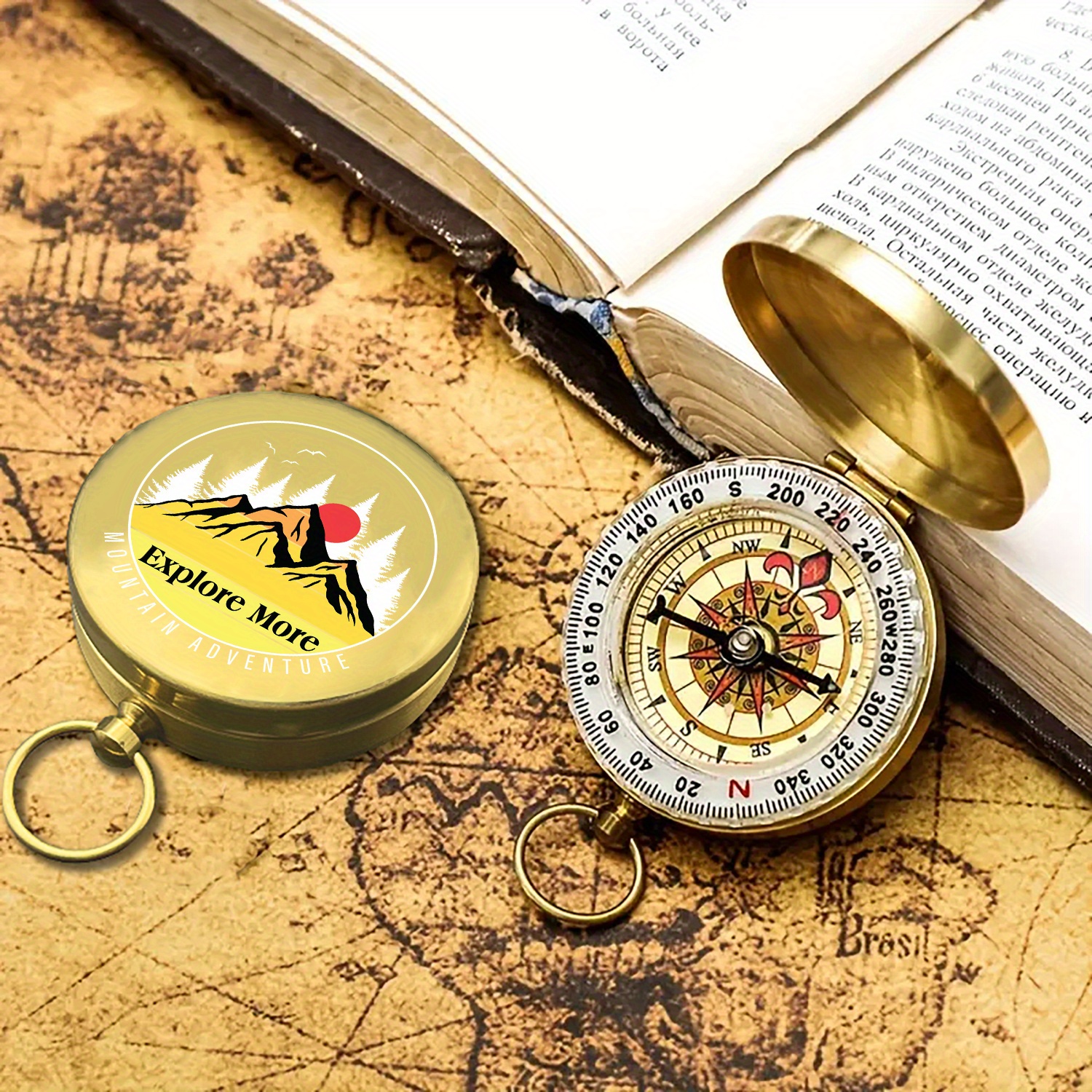 Pocket Compass with Mountain Adventure Print