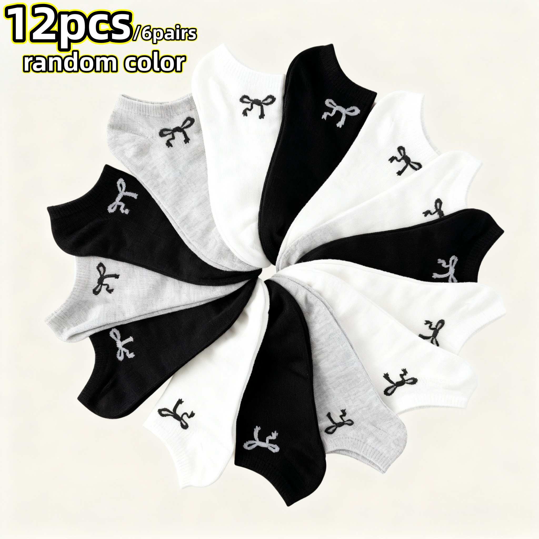 E-shop 12 Stück/6 Stück Zufällige Farbe. Damen- und Unisex-Schleifen-Socken - Atmungsaktive, unsichtbare Kompressionssocken für Frühling und Sommer,