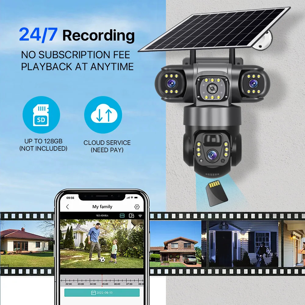 V380 Pro 3 Lens IP Solar Camera Outdoor Security CCTV Night Vision Two-Way Audio Camera Mobile Tracking 4G IP Camera