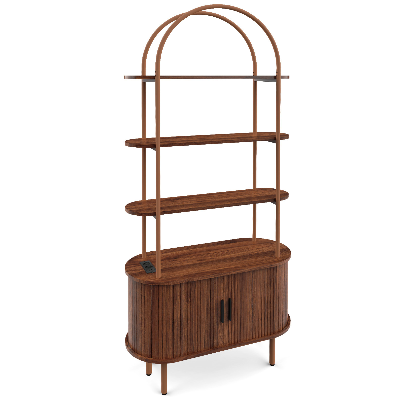 Image of Arched Bookshelf With Charging Station, 5 Tier Wooden Bookcase With Fluted Sliding Cabinet Door, Anti-tipping Tall Storage Display Shelf For Living Room Bedroom Kitchen, Natural Wood, Standing Shelf