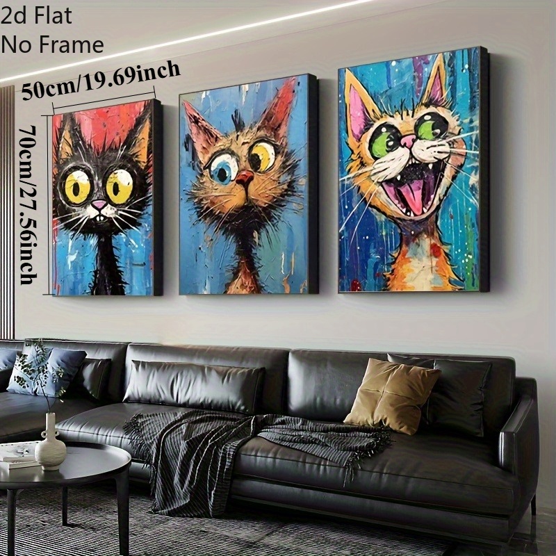 E-shop 2D Flach, 2D Flach, 2D Flach Drei interessante 2D-Poster mit niedlichen Katzen, Cartoon-Tier-Leinwandkunst zur Wanddekoration, geeignet für