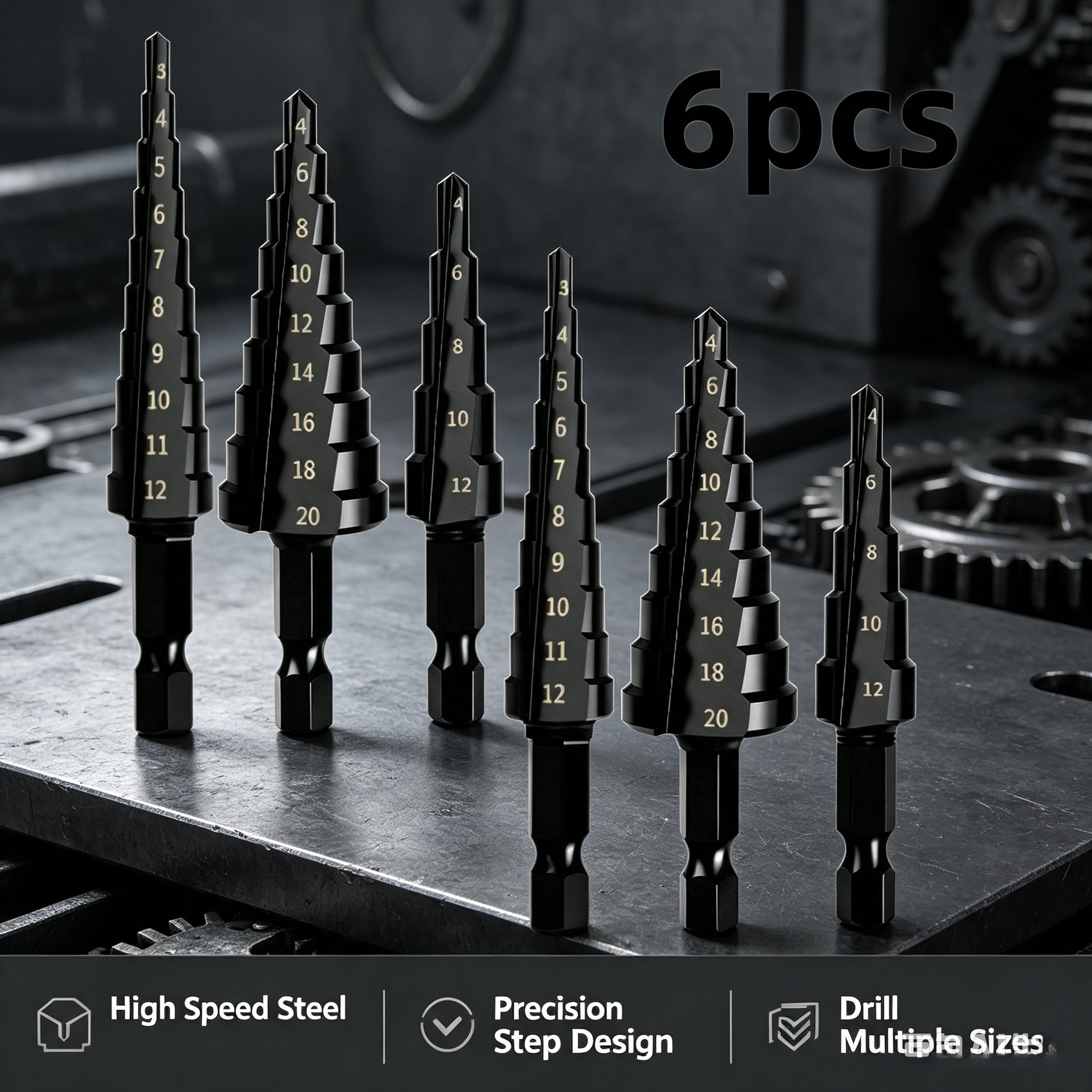 TEMU Set da 6 pezzi completo di punte da trapano a multi-misura, punte coniche per foratura e alesatura, adatte per metallo, legno, PVC e acrilico,