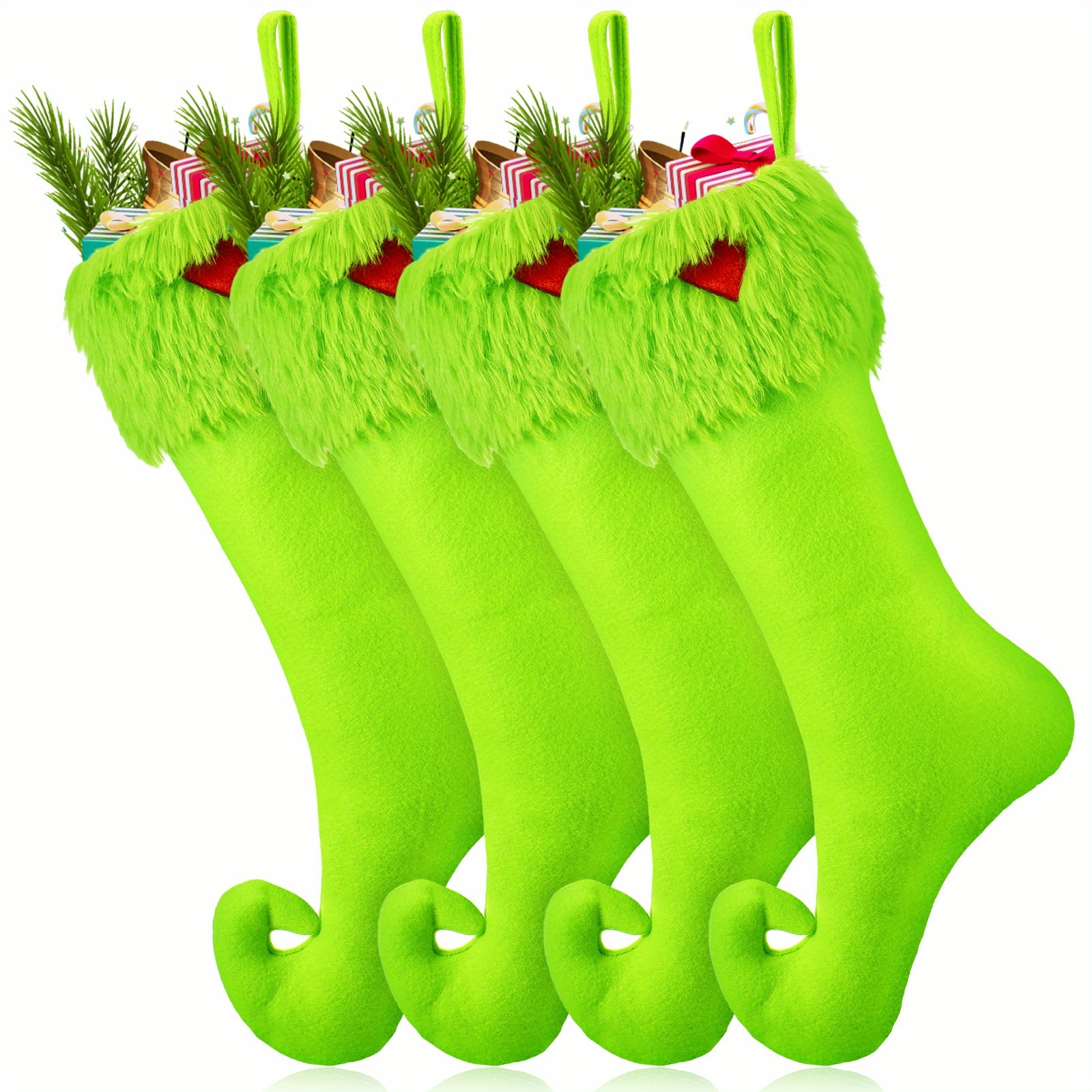 TEMU 4pcs 19-inch Ultra-long Neon Green Stocking Hangers With Loops, And Cuffs, White Decorative Fireplace Mantel Christmas Tree Decorations