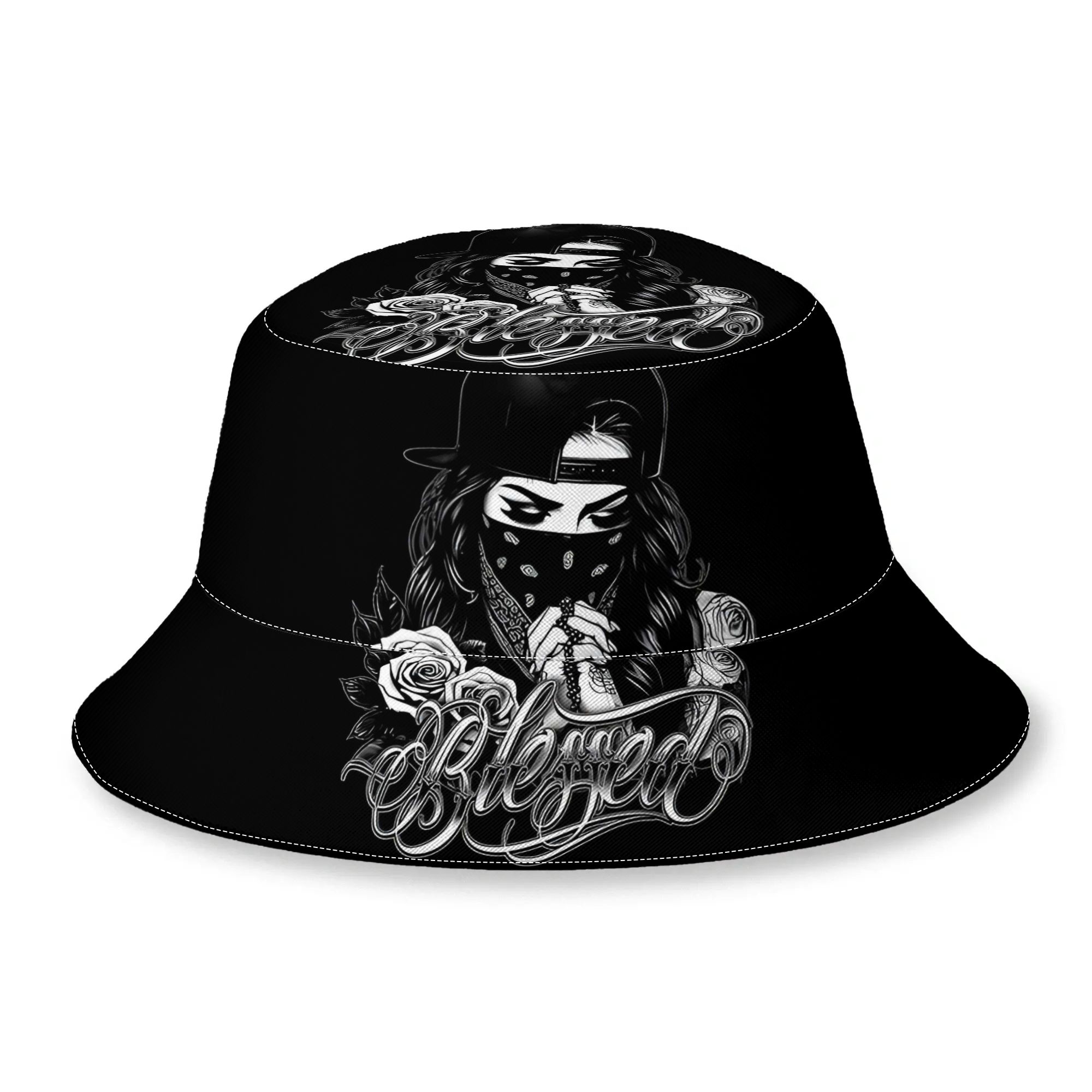 TEMU Blessed Chicano Girl Tattoo Style Illustration Unisex Fisherman Sun Hat, Outdoor Casual Fashionable, Suitable For Fishing, Beach And Mountain