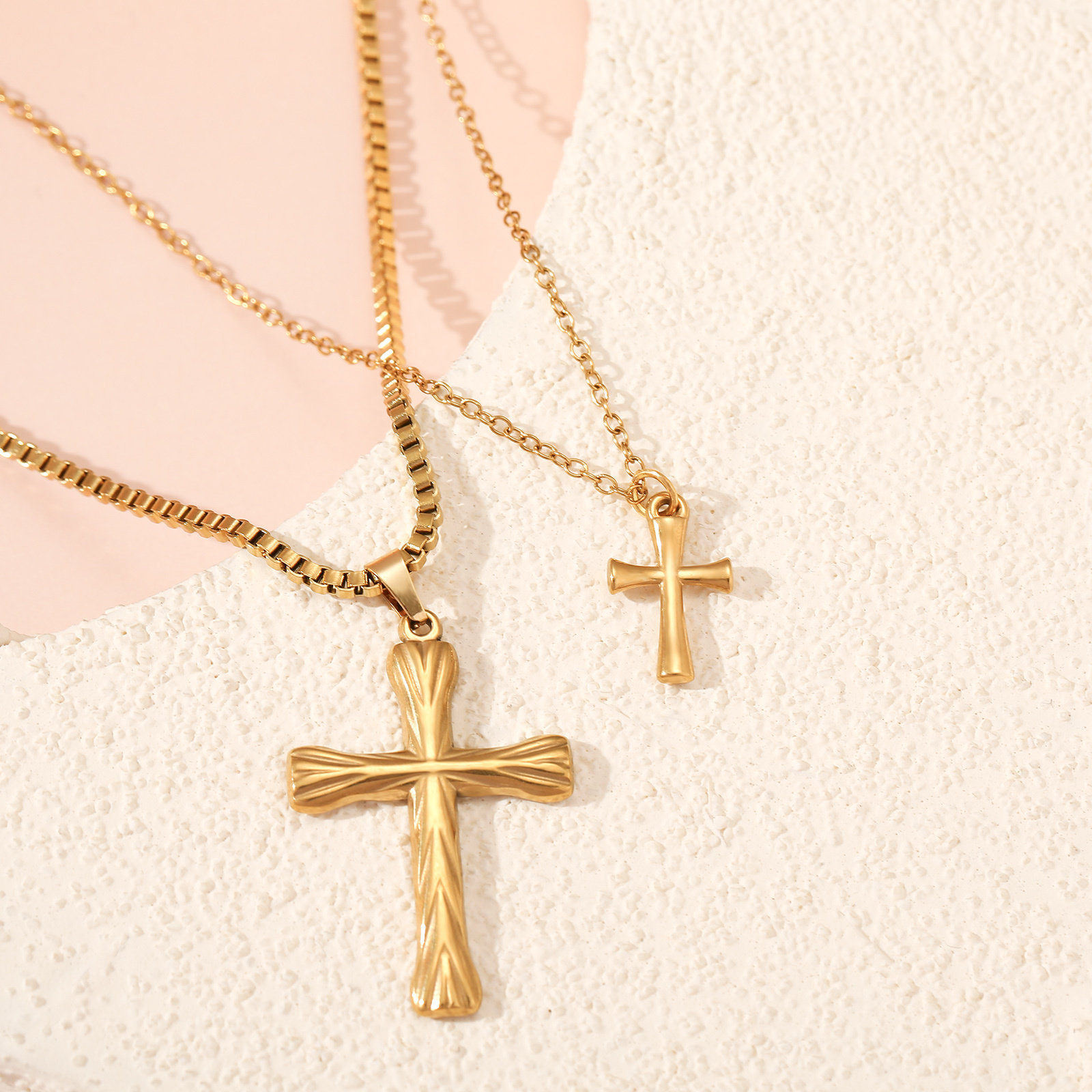 Image of Layered Cross Twin Necklace 316l Stainless Steel Electroplated 24k Plated Hypoallergenic