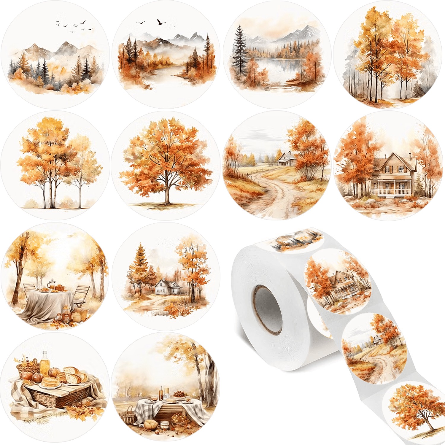 TEMU 500pcs Fall Stickers Roll, Autumn Tree House Self-adhesive Label Decals For Autumn Holiday Thanksgiving Envelopes Gift Label Journal Scrapbook