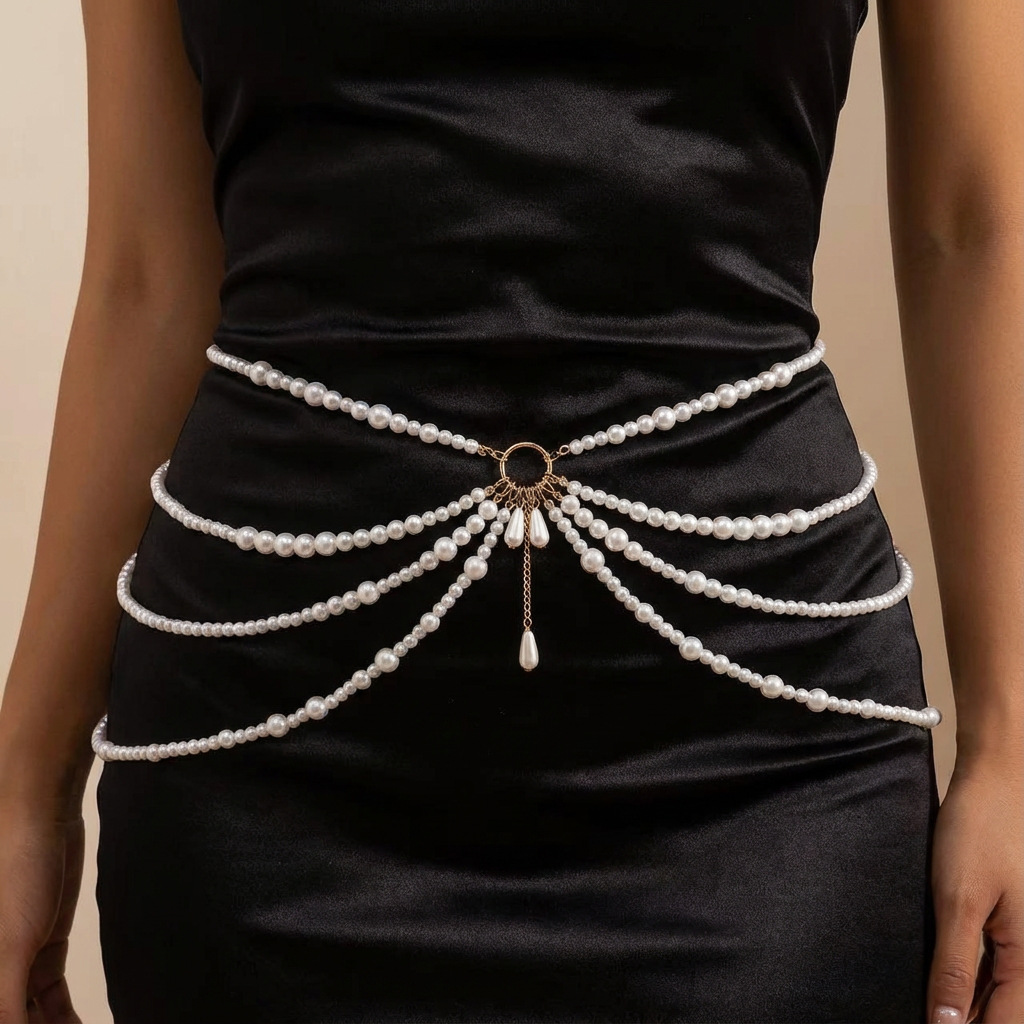 TEMU 1pc Women's Tassel Pearl Waist Chain Golden Hoop Water Drop Pearl Pendant Light Dress Evening Gown Accessory Banquet Party Outfit Women's Gift