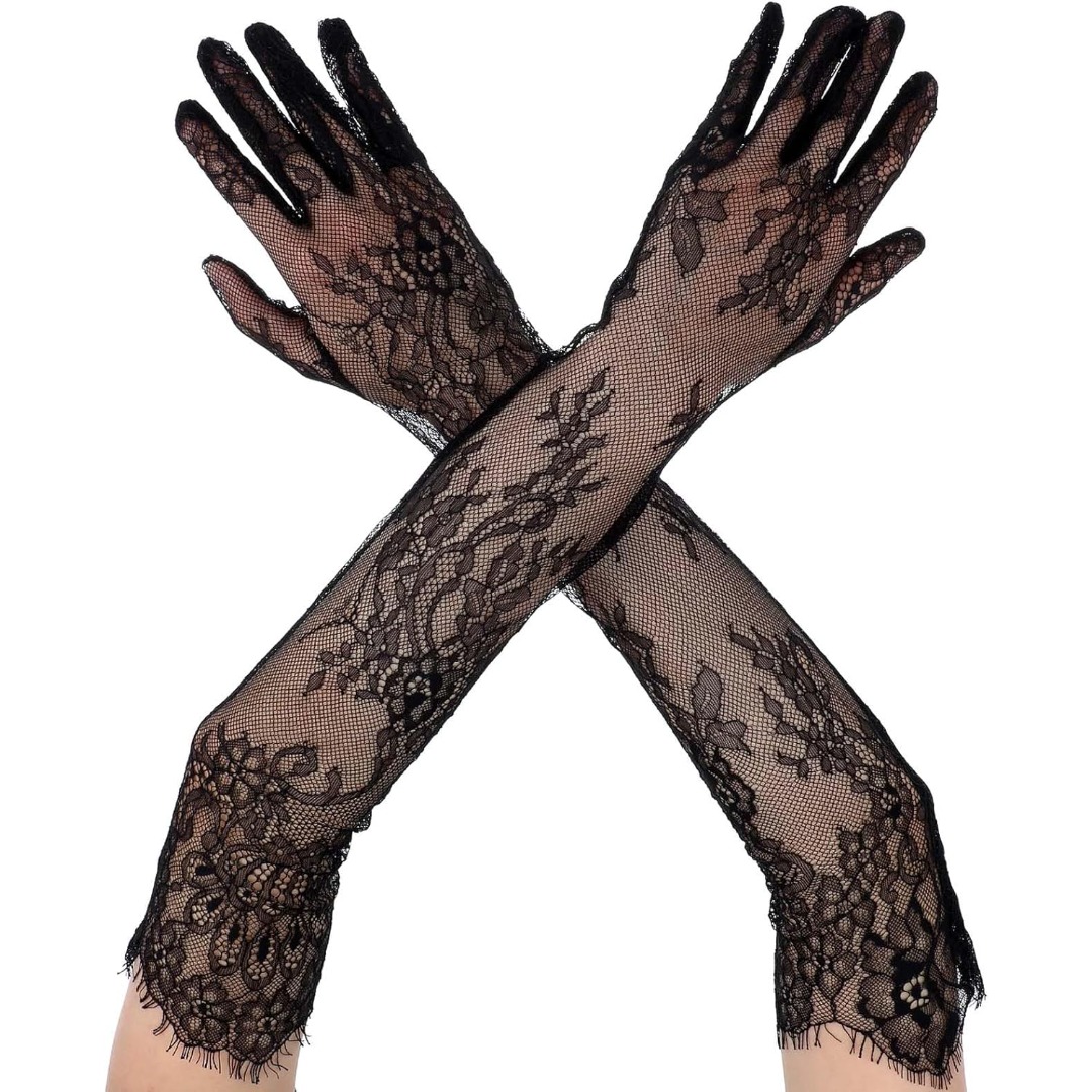 TEMU Gants en Dentelle Gants de Mariée Gants de Mariage Coudes Fleurs Gants en Dentelle Fête à Thème Thé Gants d' Halloween Carnaval Bal Costumé