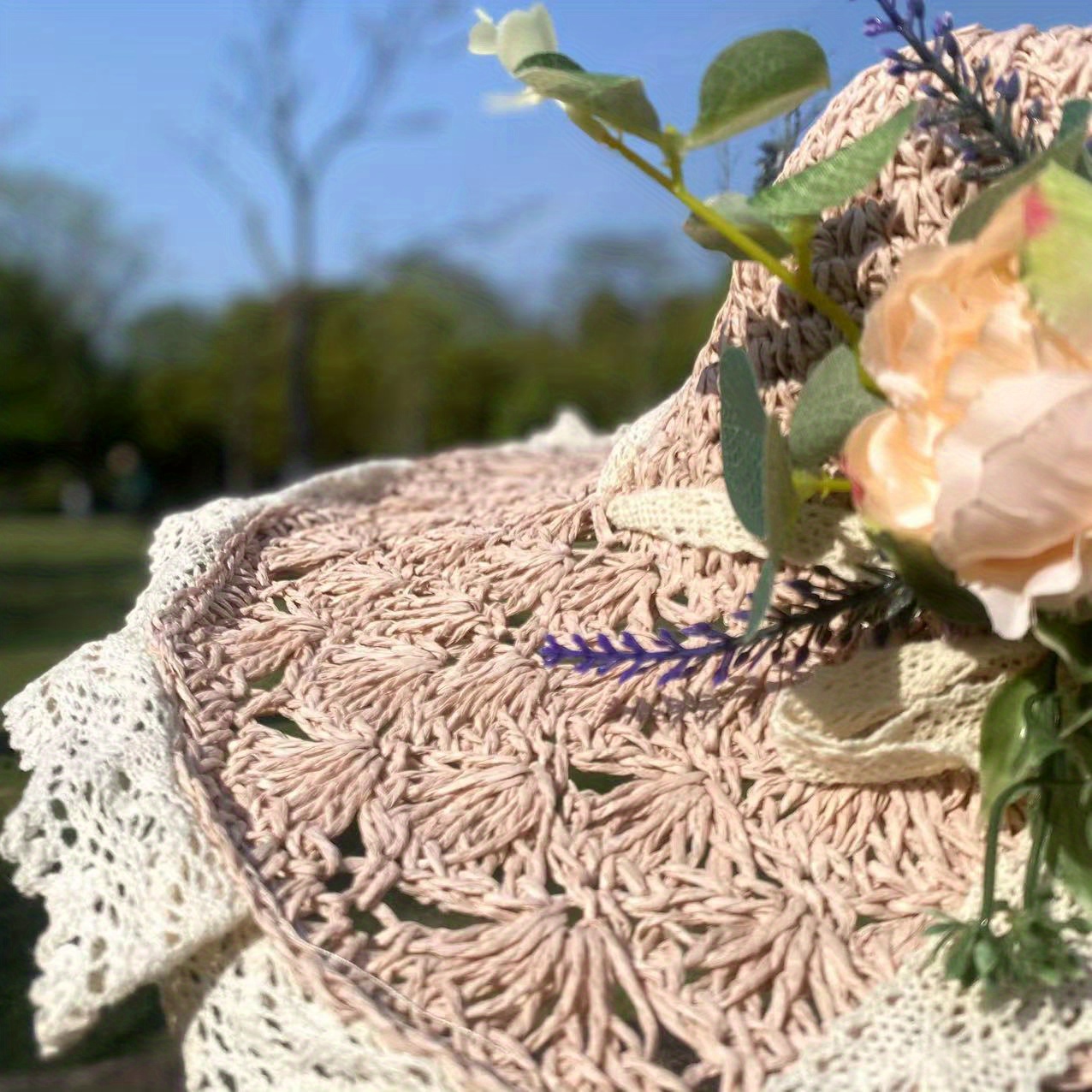 ladies handmade crochet rose straw hat wide brim summer - Temu display picture 3