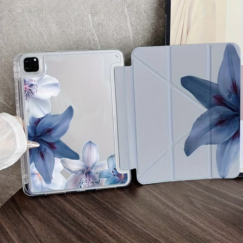 TEMU Y-shaped Folding Stand Case For Ipad 11 2025/air 7 2025/7/8/9/4/5/10/6/pro 11 - Blue Floral Tablet, Lightweight Protection, Supports Viewing,