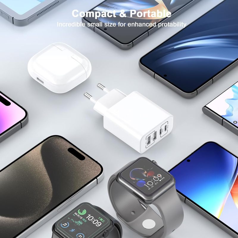 Захранващ Адаптер 4-в-1 USB A+C | 2A+2C Многопортов Стенен Зарядно Устройство за Домашни Контакти | Универсален Хъб за Захранване | Съвместим с iPhone, Galaxy, Таблети | Необходим Аксесоар за Подобрение на Дома (Бял/Черен/Оранжев)