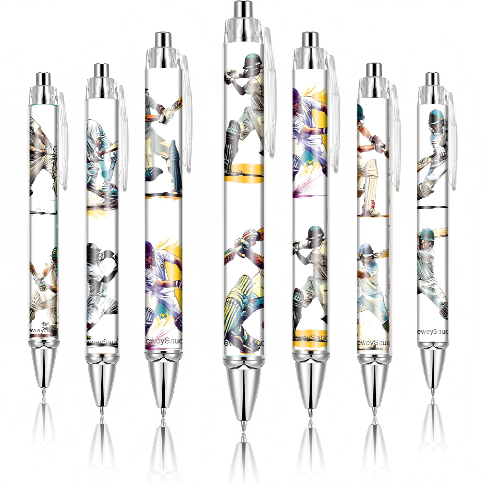 TEMU 7pcs Electroplated Pen Set With Dynamic Cricket Player Swinging Bat Illustrations, Retractable Tip For Smooth Writing, Diy Office Stationery,