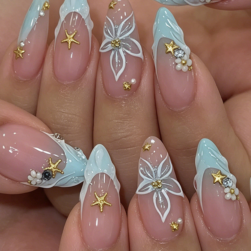 TEMU 24pcs Blue Floral Rhinestone Press-on Nails Suitable For Dates, Wear With & Beads, Almond Shape Medium Length Glossy False Nails, Easy