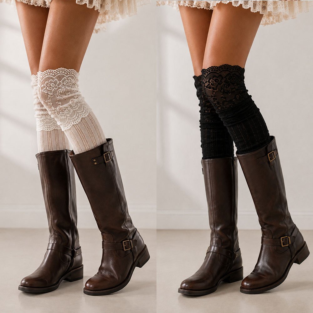 TEMU 2 paires de chaussettes hautes en dentelle pour femme, chaussettes à poils creux verticaux, bas rétro à dentelle à volants à une jupe et des