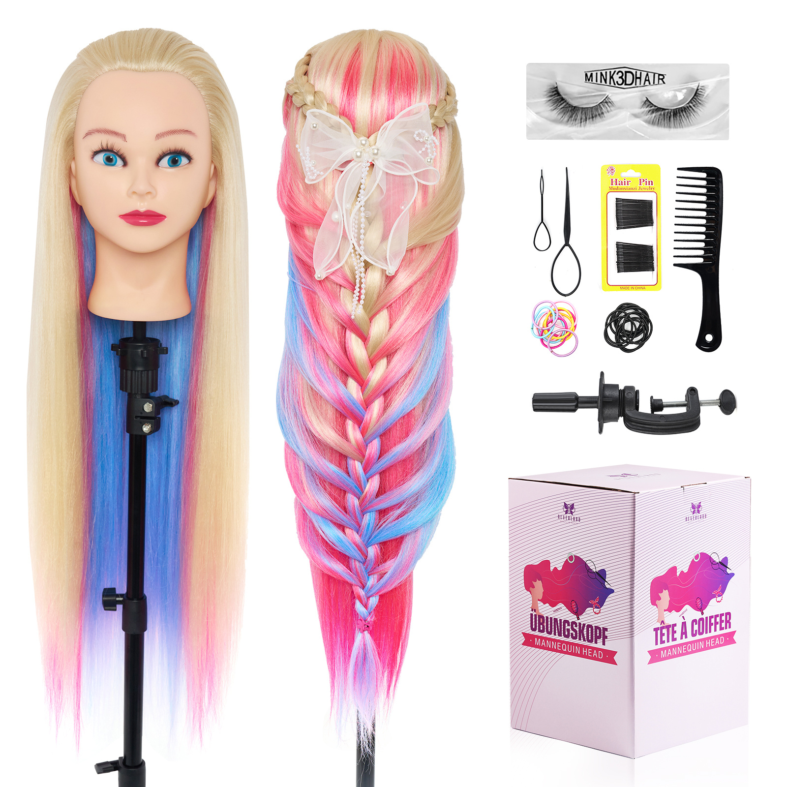 TEMU NEVERLAND Tête de Mannequin Professionnelle de 28 Pouces avec Kit de , Faux Cils et Support de Table - Tête d'Entraînement à 5 Couleurs de
