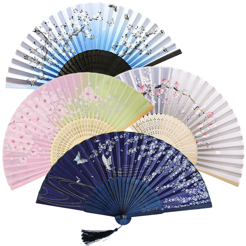 TEMU 4pcs Chinese Folding Handheld Fans With Bamboo Frame - Portable Suitable For Dancing, Cosplay, Wedding Party Decorations, Photo Props,