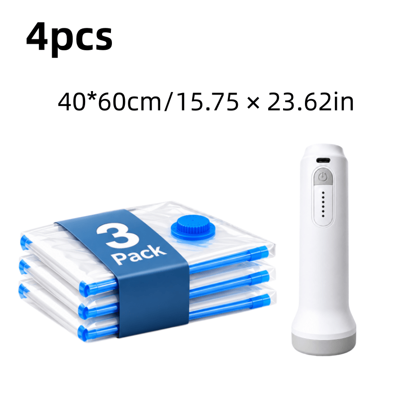 TEMU 4pcs Vacuum Compression Bag Set+ Usb Electric Air Pump, 1500mah Rechargeable, Multiple Sizes Of Compression Storage Bags, Suitable For Clothes,