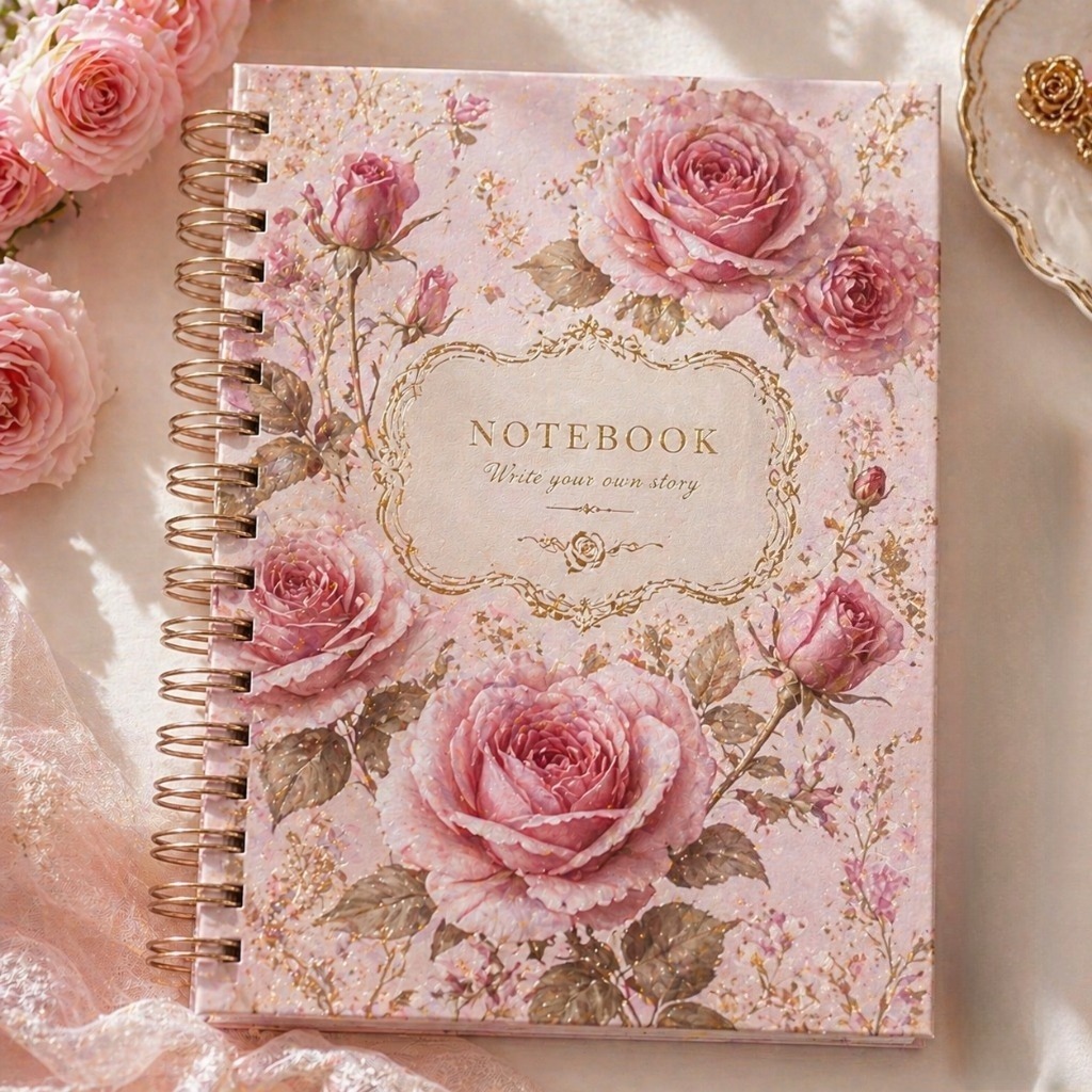 Retro Pink Rose Hot Foil Spiral Notebook, Girly Aesthetic Style , Student/office Memo Diary