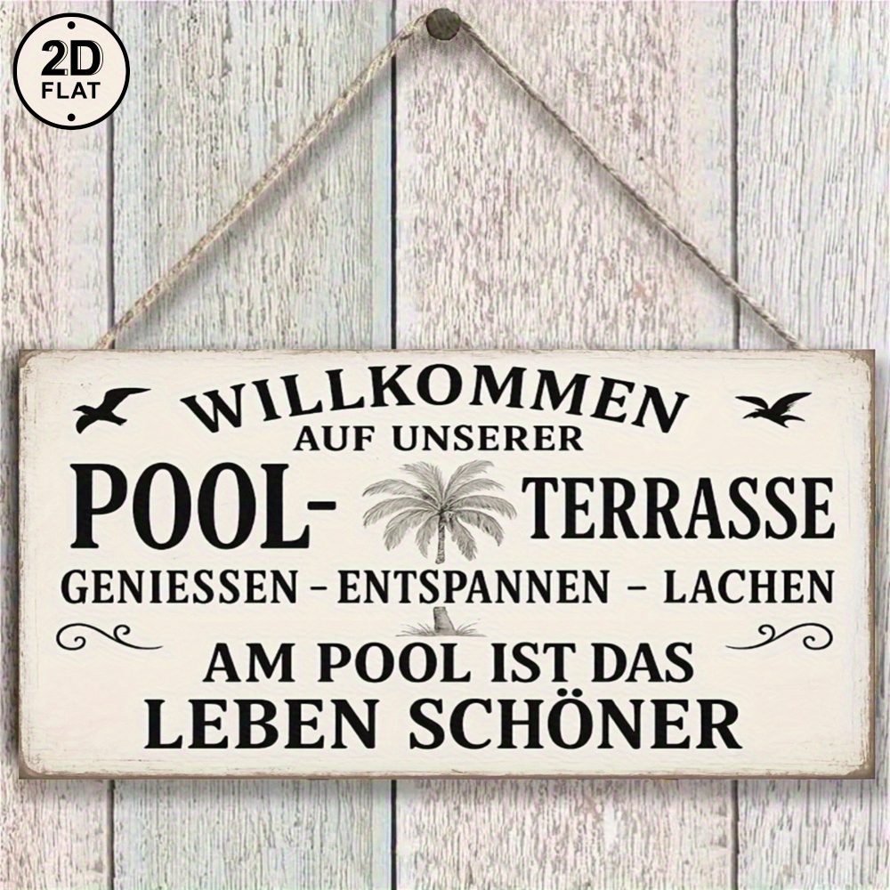 2d Flat, Rustic Wooden Sign White Willkommen Auf Unserer Pool-terrasse Beach Theme For Outdoor Decor 2d Flat, 2d Flat