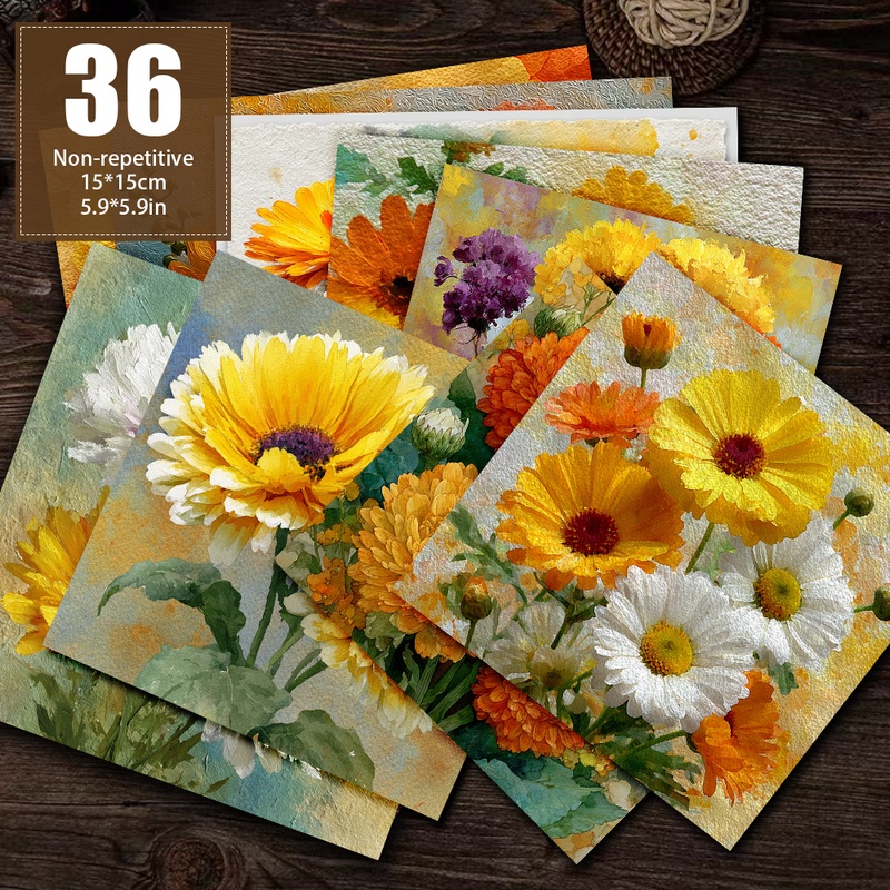 TEMU 36 Non-repeating Soft Tones Of Yellow And White Floral Painting Paper, Decorative Paper, Material Paper, Material Paper, Handbook Paper Suitable