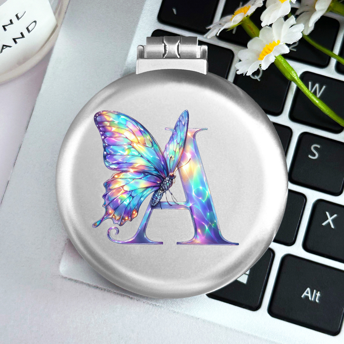 Image of 1pc Silvery 26 Letter Folding Round Mirror Comb, Small And Portable Mini Air Cushion Comb Ladies Hair Comb, Folding Airbag Comb Massage Comb Makeup Mirror In One, Travel Camping Essential Souvenir
