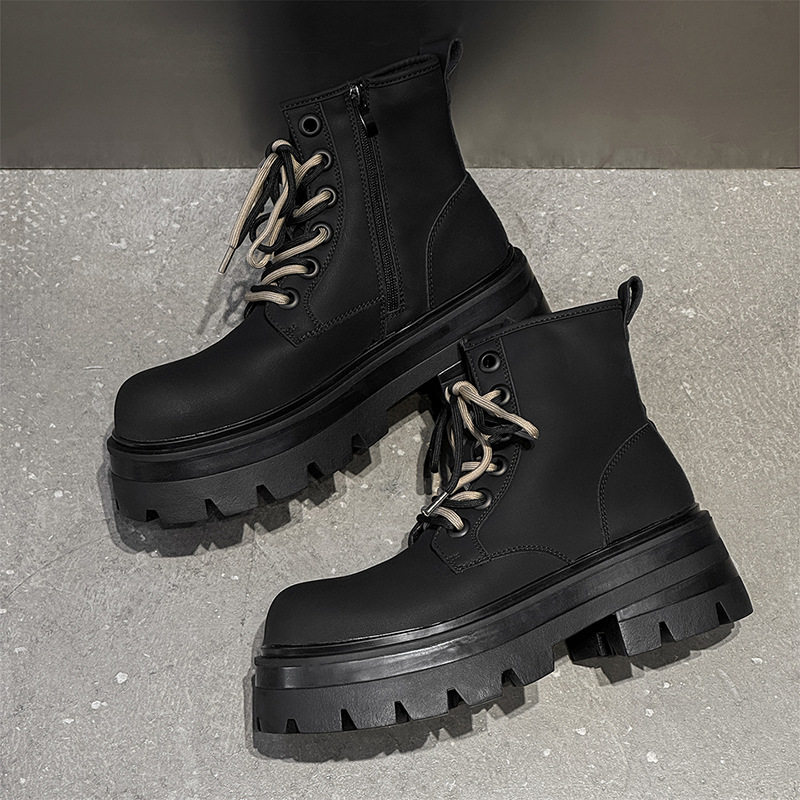 Men\'s Black Leather Lace-up Platform Combat Boots Chunky Heel Lug Sole Ankle Black Zip Platform Combat Boots by HXS | Chiclara main image 2