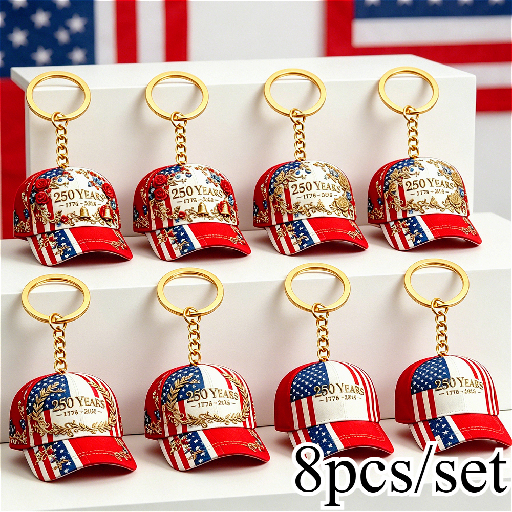 TEMU 8pcs 250th-anniversary Hat-shaped Keychain Set, 250th Commemorative Baseball Pendant Keychain, Unisex, Couple Keychains, Backpack Charms, Car