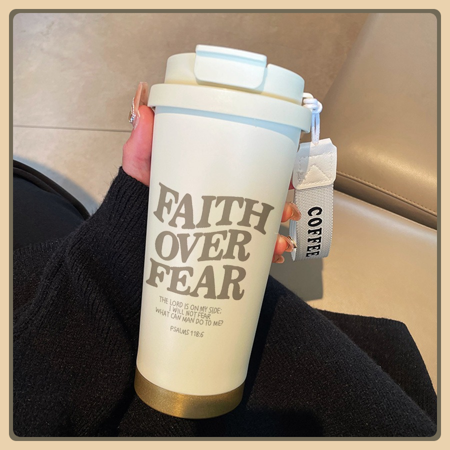 Stainless Steel Insulated Coffee Cup with Faith Over Fear Bible Verse - Double-Wall Vacuum Insulated Travel Mug, Leakproof Lid Handle, Thermal Tumbler for Hot/Cold Drinksgift for Christians, Office, Gym, Camping, Inspirational Design