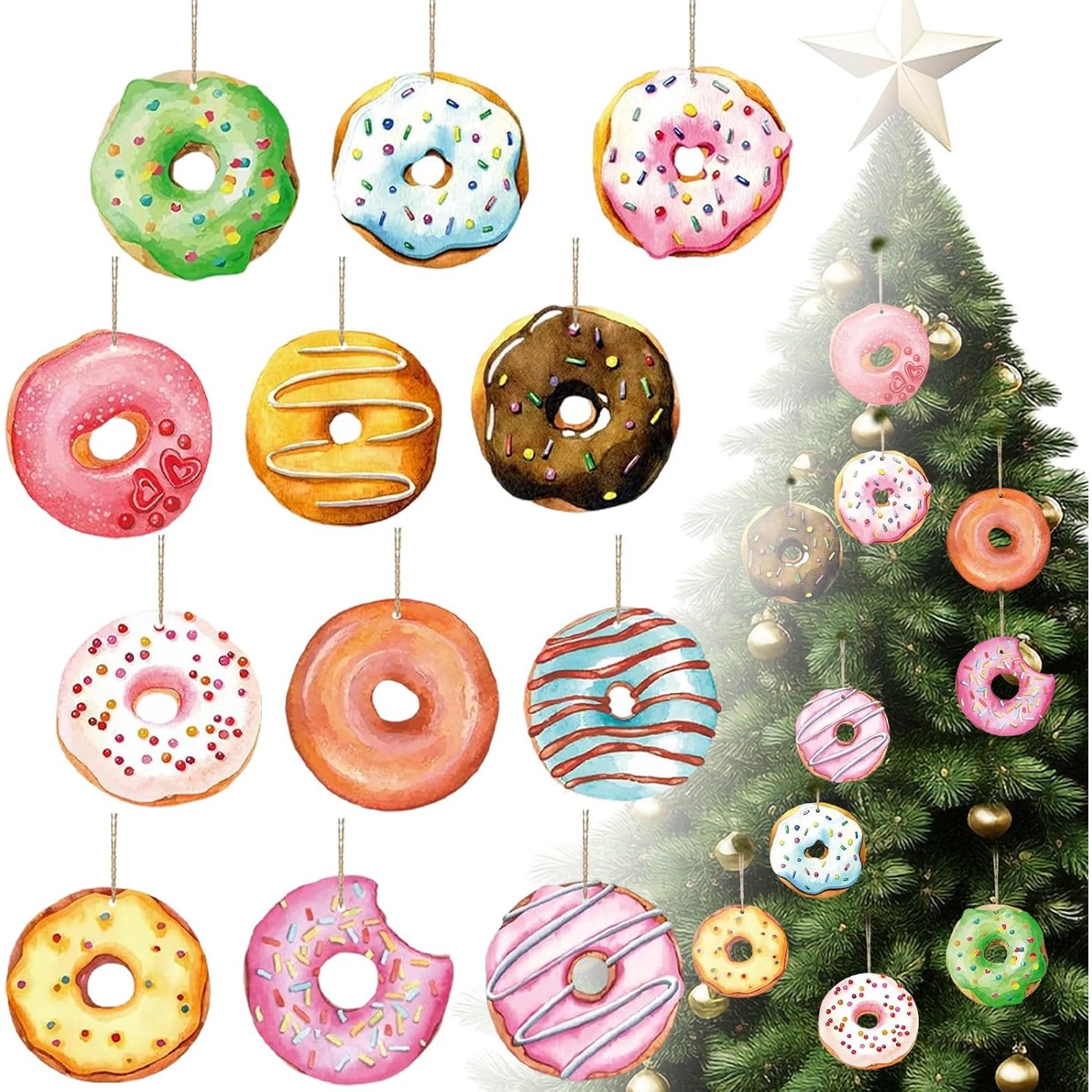 TEMU 12-pack Donut Christmas Tree Ornaments, Wooden Donut Hanging Decorations With Hemp Rope For Home, Party, Wall, Christmas Dessert/bakery Theme