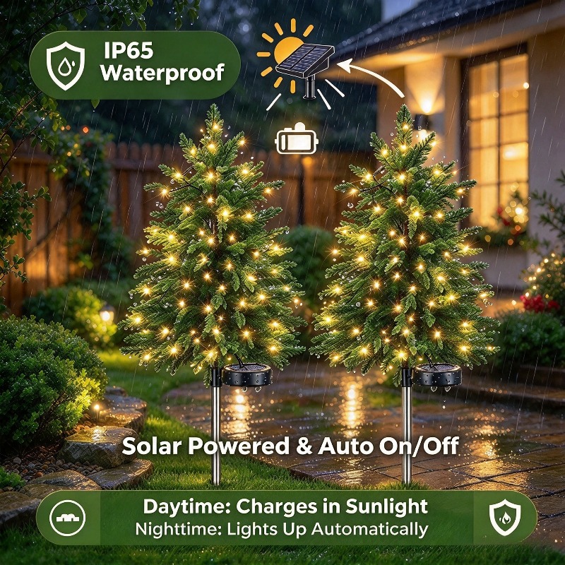 TEMU 2 Pack Solar Christmas Tree Lights, Led Outdoor Garden Stake Lights, Ip65 Landscape Lights For Lawn, Yard, Patio & Walkway