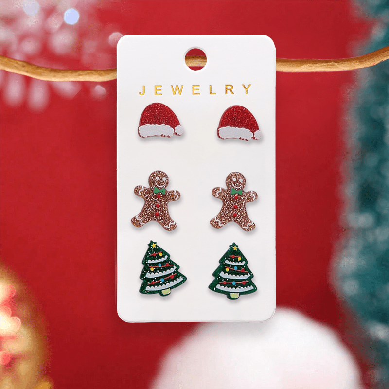 TEMU 3 Pairs Christmas Cartoon Gingerbread For Man Santa Hat Stud Earrings, Acrylic Color-printed Christmas Party Bling Bulb Christmas Tree Small