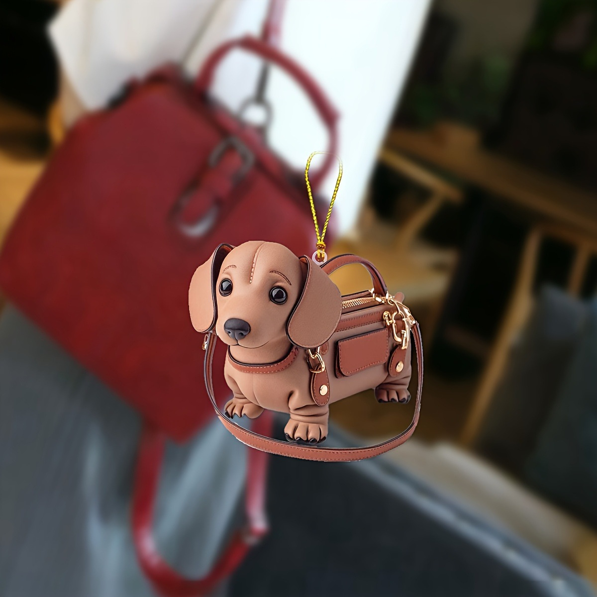 

Adorable 2d Acrylic Dachshund Keychain - Cute Dog-shaped Bag Charm For , Fit, Brown Strap With Golden Accents, Bag Decoration | Accessory | Features, Dog Accessories