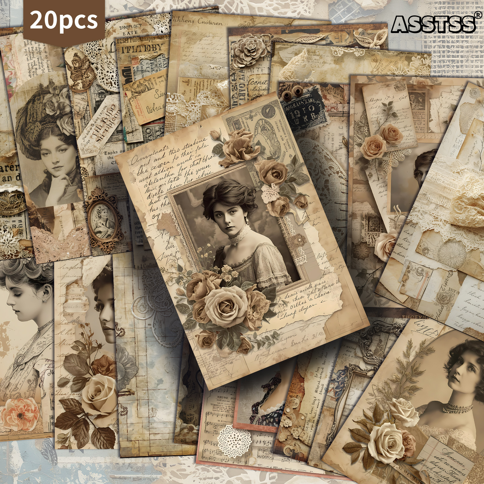 TEMU 20-pack Asstss Vintage Collage Prints | Lace, Roses & Old Letter Women's Portraits Gift Card - 4x6 Inches Retro Junk Journal Paper Classic Pinup
