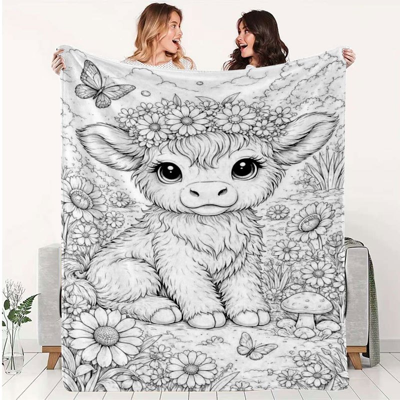 TEMU 1pc Christmas And Halloween Printed Flannel -friendly Blanket, Cute Highland Cow Black And White Line With Adorable Daisy Wreath + Nature