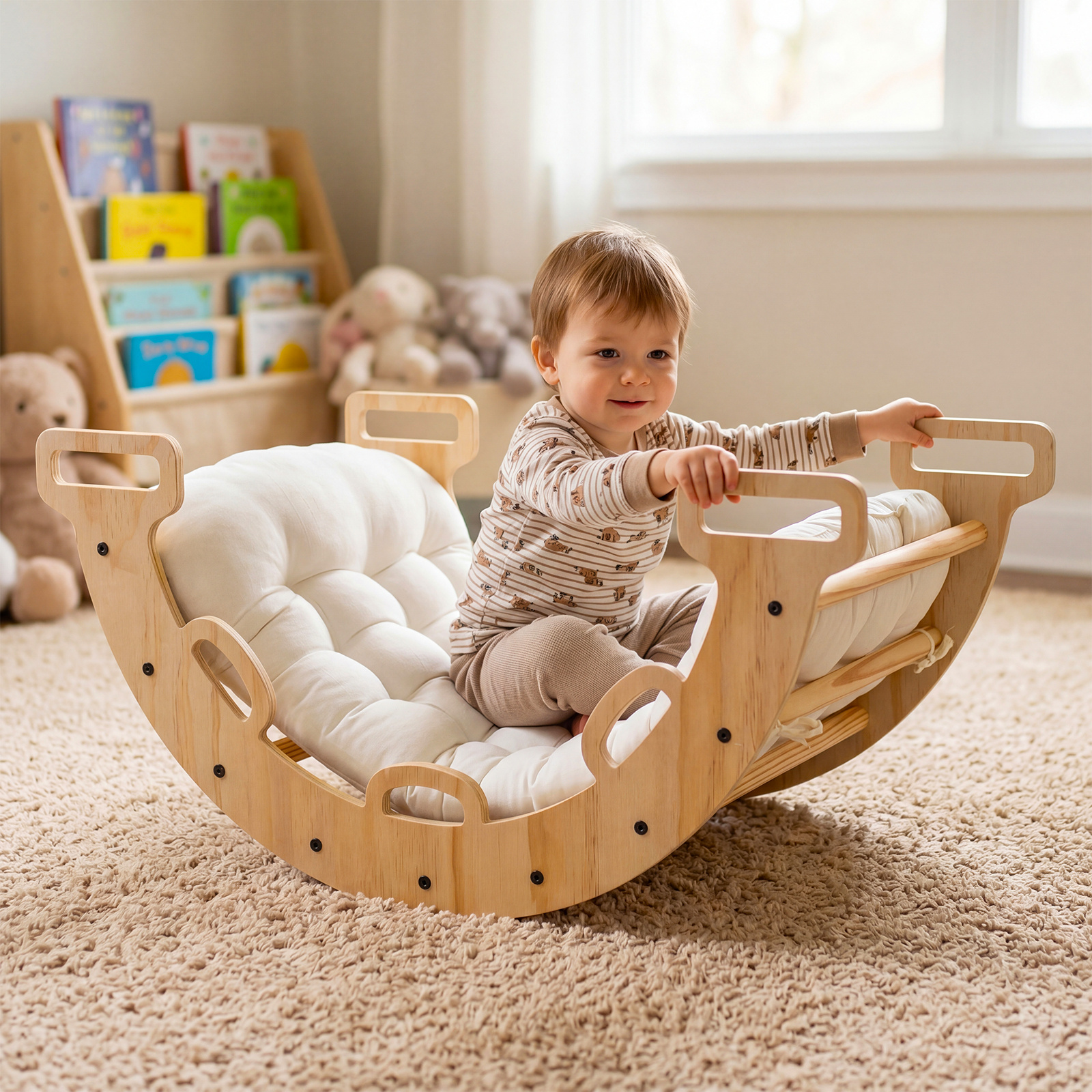 Wooden Rocking Climbing Arch With Cushion, 3-in-1 Kids Climber Rocker For Toddlers, Children Playground Climbing Ladder Toy, Indoor Gym Learning Playset For Boys Girls