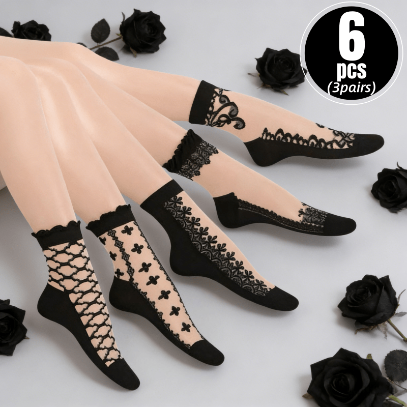 TEMU Calze a vita bassa da donna, 6 pezzi/3 pezzo, colori assortiti, nere, stampate, traspiranti e sottili - Design , , confortevole e traspirante a