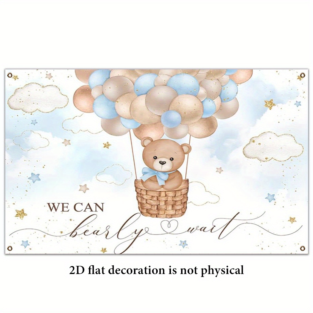 TEMU 2d Flat Blue Bear Hot Air Balloon Backdrop For Background Bearly Wait Shower Party Table Decoration Photo Booth Props 43.3x70.9inch, 2d Flat