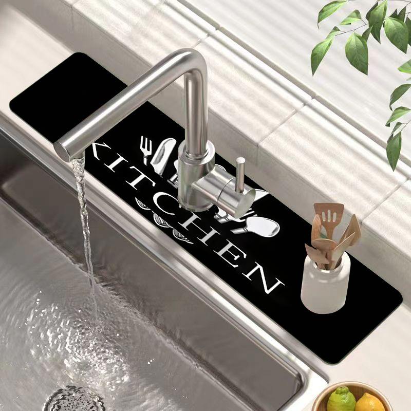 TEMU 1pc Vintage American- Sink Mat, Dish Drying Mat, Faucet Mat, Black And White Dishware Pattern Kitchen-themed Sink Countertop Absorbent Drainage