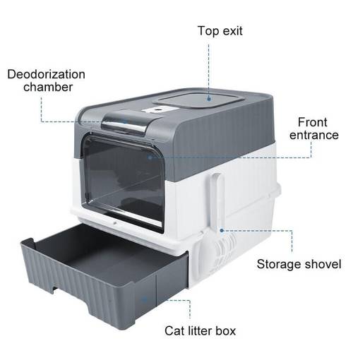 xl large cat litter box deodorize self cleaning cat pan drawer hooded cat tray grey
