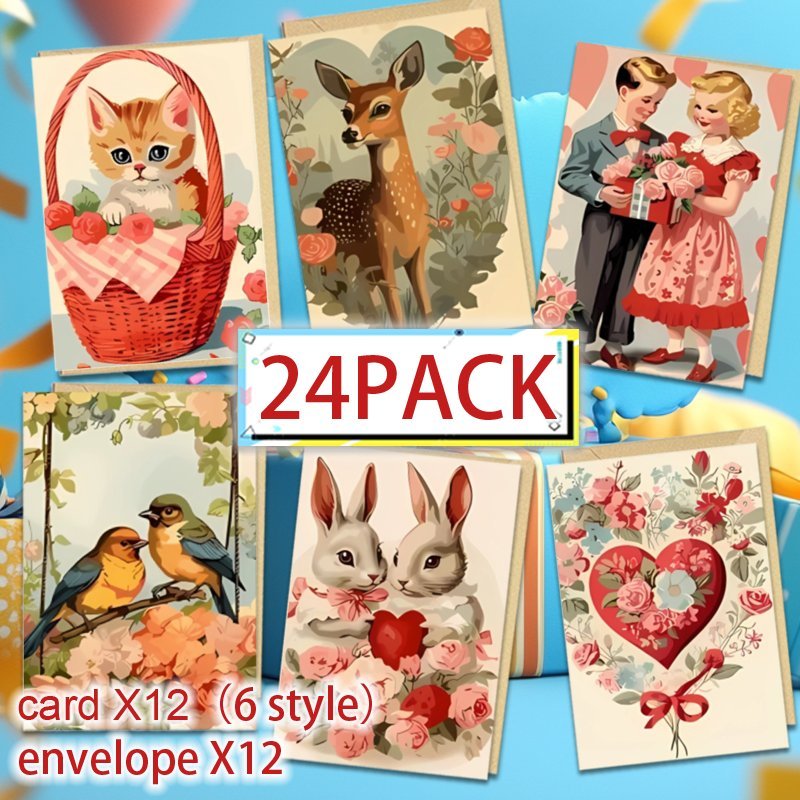 

24pcs Vintage Funny Animal Greeting Cards With Envelopes - Valentine's, Birthdays, Christmas & Thanksgiving - Unique Gift Set For