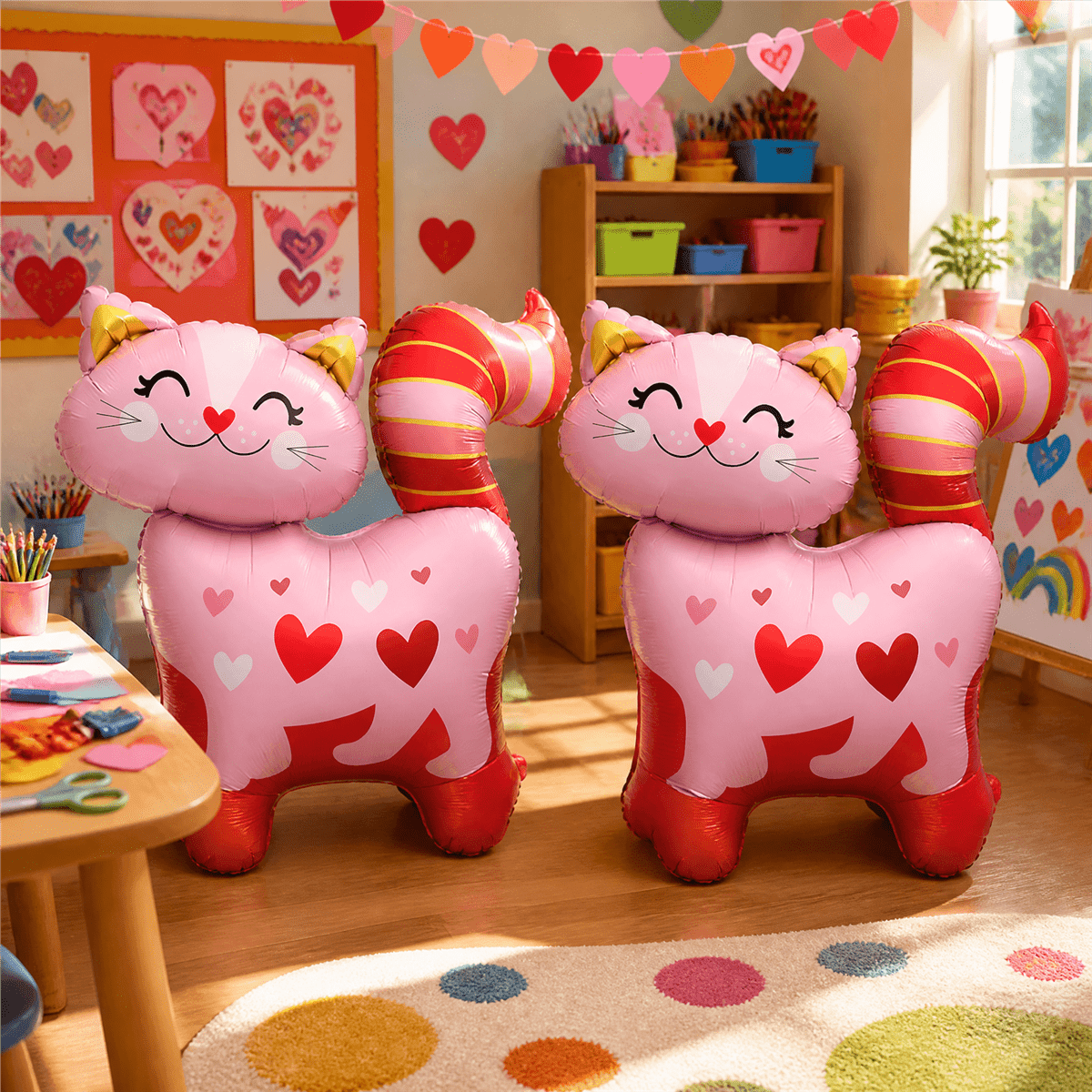 TEMU 2pcs Heart Cat Balloon Pink Foil Balloon With Heart Patterns Party Decoration Mylar Balloon For Valentine's Day Decoration