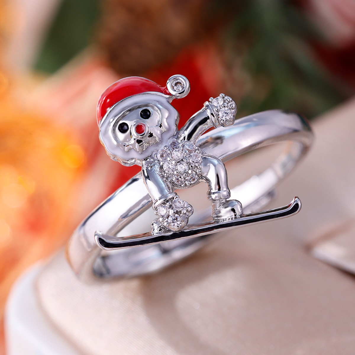 Women's Ski Santa Claus Open Ring with Zirconia