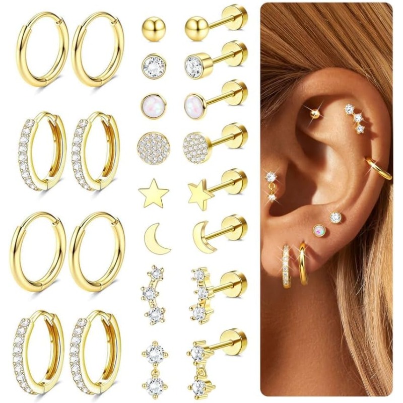 Image of 2d Flat, 12 Pairs Flat Back Earrings For Women Surgical Stainless Steel Hypoallergenic Earrings For Sensitive Ears Hoop Stud Sleeper Earring Cartilage Helix Tragus Piercings