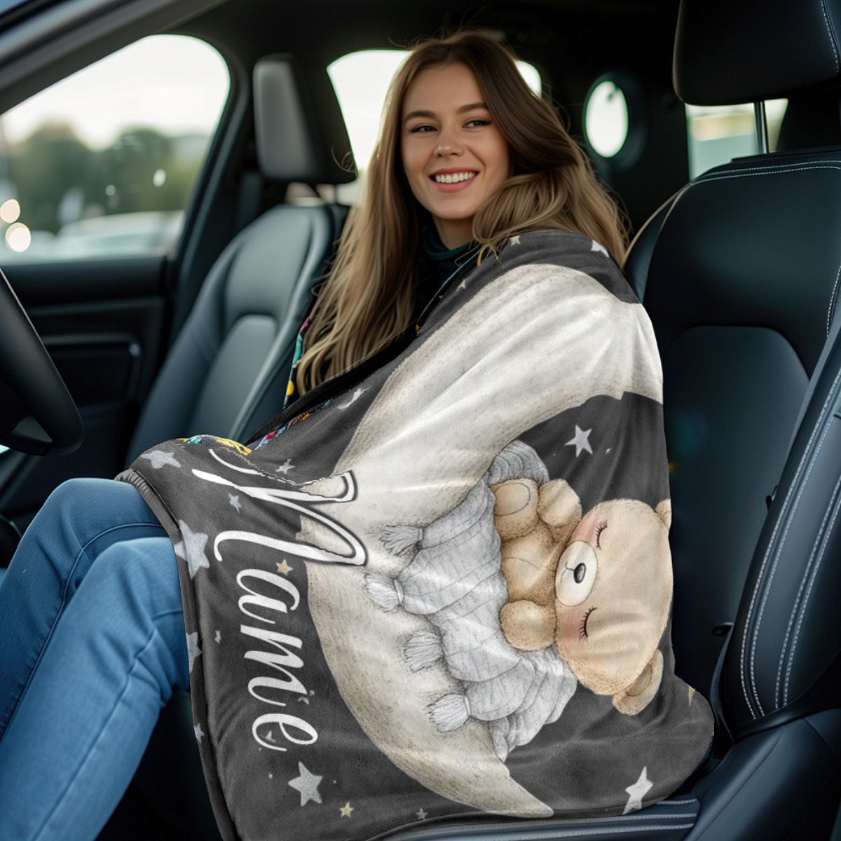 Personalized Bear Moon Portable Blanket, Lightweight Throw