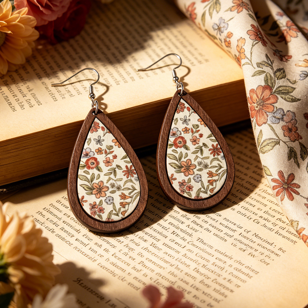TEMU 1 Paire de Boucles d'Oreilles Rétro en Bois avec Fleurs et Gouttelettes pour Femmes. Bijoux en Bois, Boucles d'Oreilles Tendance et Élégantes