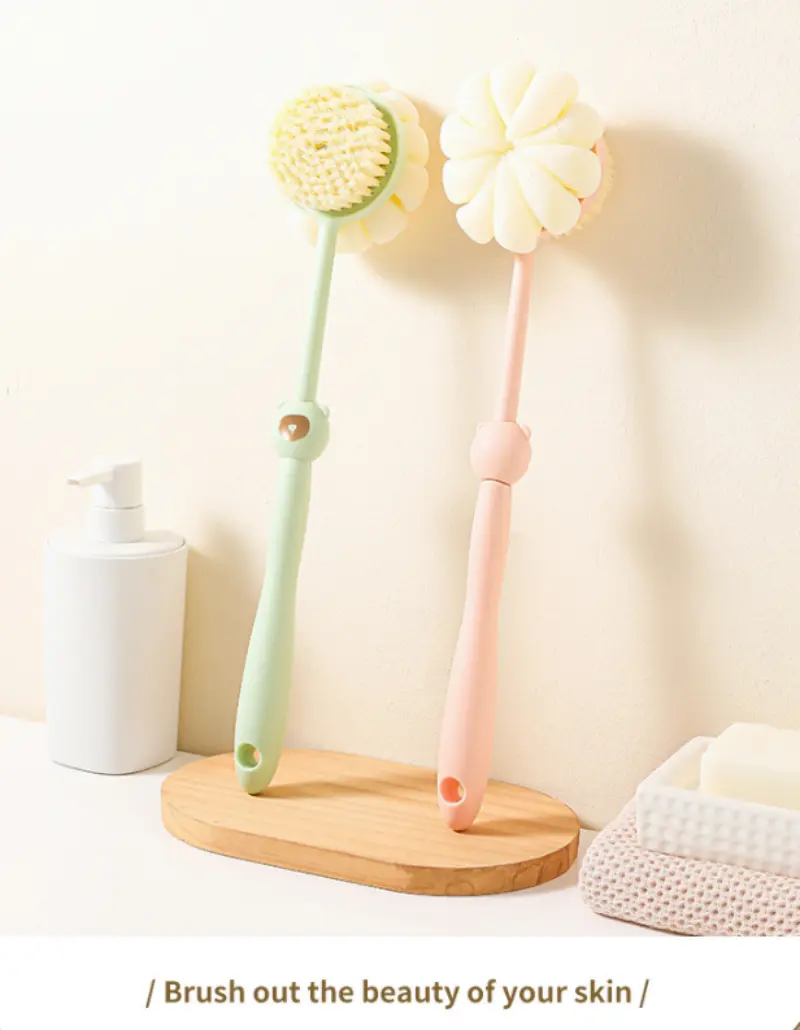 2 in 1 long handle shower brush luffa sponge with bear grip soft dense bristles anti slip hanging design for gentle exfoliating back scrub ergonomic bath shower tool shower accessories bathing accessory bathroom decor body scrubber hygienic material personal hygiene Product details 6