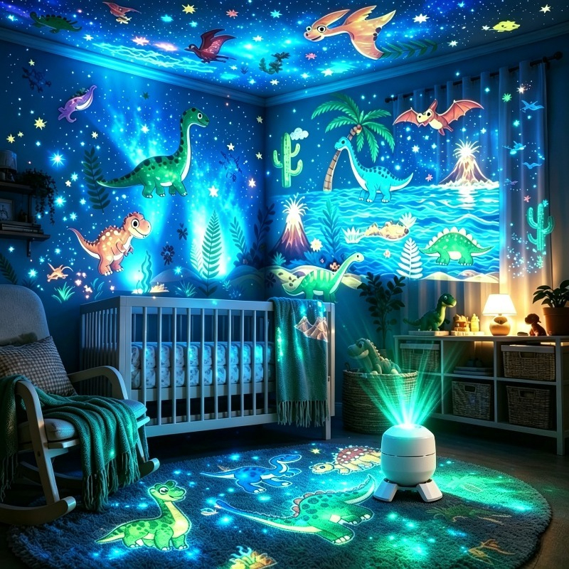 TEMU Dinosaur-themed Dynamic Projection Lamp, Dinosaur , Powered, 360° Rotating Light And Shadow, Bedroom Atmosphere Night Light, Disco Party,