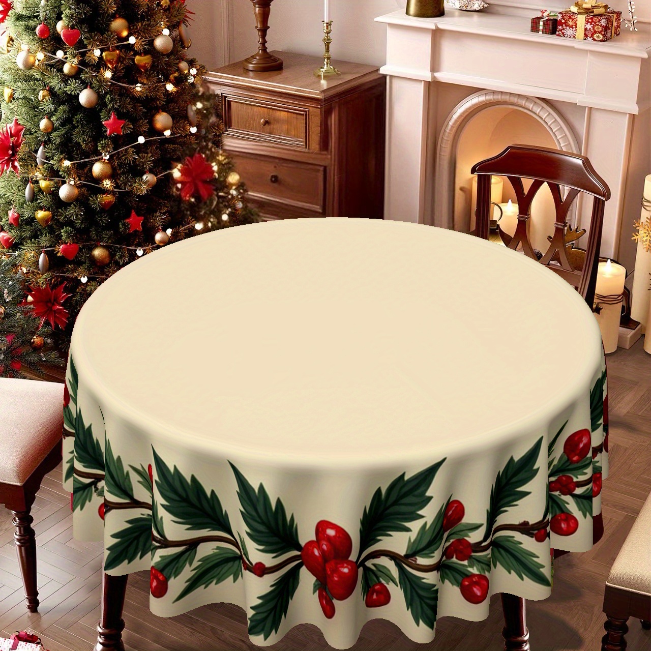 TEMU 1pc Festive Holly & Berry Wreath Tablecloth - Round Polyester Table Cover With Red Holly Leaves And Berries, Christmas Parties, , Dining Room,